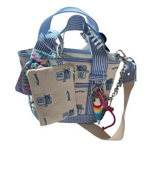 Madden Girl Blue Multi Mini Tote Canvas Sardine Bag - embroidered sardine key